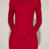 Briallen minijurk van zachte jersey met boothals en drapering in True Red