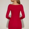 Briallen minijurk van zachte jersey met boothals en drapering in True Red