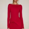 Briallen minijurk van zachte jersey met boothals en drapering in True Red