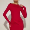 Briallen minijurk van zachte jersey met boothals en drapering in True Red
