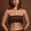 Bruma Bandeau Crop Top met franjes en vetersluiting in chocoladebruin