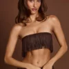 Bruma Bandeau Crop Top met franjes en vetersluiting in chocoladebruin