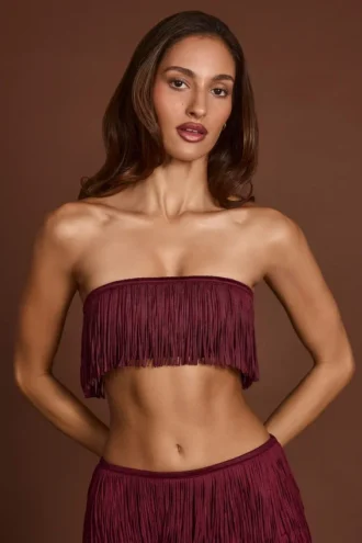 Bruma Crop Top met franjes en vetersluiting in wijnrood