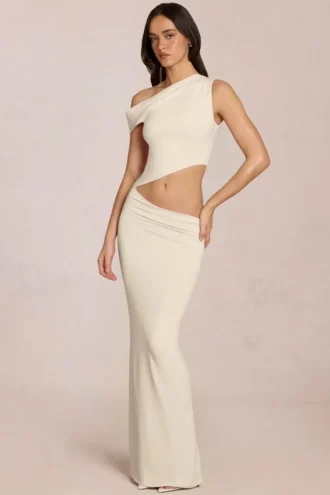 Calisse asymmetrische maxi-jurk met drapering in ivoor