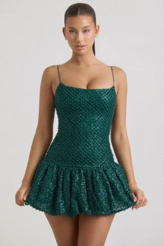 Callie minijurk met versierde bubbelzoom in blauwgroen
