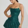 Callie minijurk met versierde bubbelzoom in blauwgroen