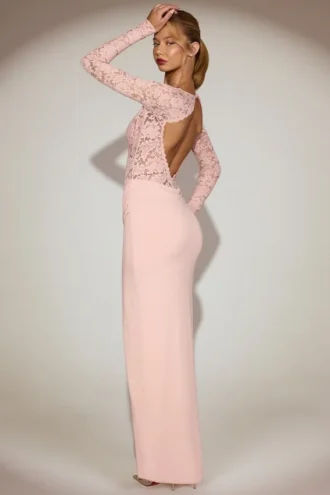 Carmina kanten maxi-jurk met geschulpte halslijn in roze