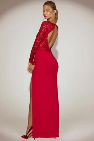 Carmina kanten maxi-jurk met geschulpte halslijn in True Red