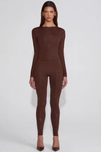 Cassie versierde jersey legging met hoge taille in chocoladebruin