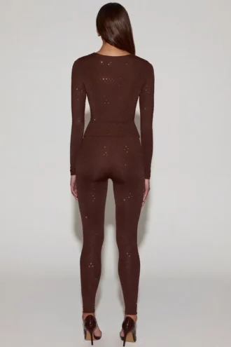 Cassie versierde jersey legging met hoge taille in chocoladebruin