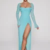Champel versierde maxi-jurk met col in aqua