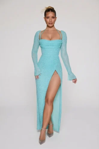 Champel versierde maxi-jurk met col in aqua