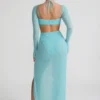 Champel versierde maxi-jurk met col in aqua