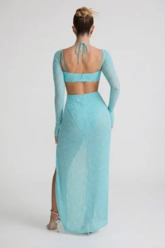 Champel versierde maxi-jurk met col in aqua
