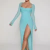 Champel versierde maxi-jurk met col in aqua