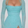 Champel versierde maxi-jurk met col in aqua