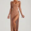 Champel versierde maxi-jurk met col in nude