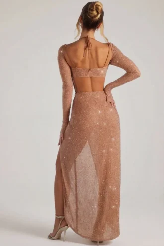Champel versierde maxi-jurk met col in nude