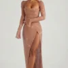 Champel versierde maxi-jurk met col in nude