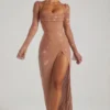 Champel versierde maxi-jurk met col in nude
