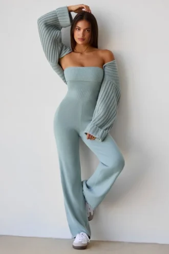 Chunky gebreide bandeau jumpsuit met uitlopende pijpen in Dusty Teal