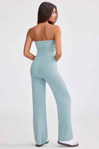 Chunky gebreide bandeau jumpsuit met uitlopende pijpen in Dusty Teal