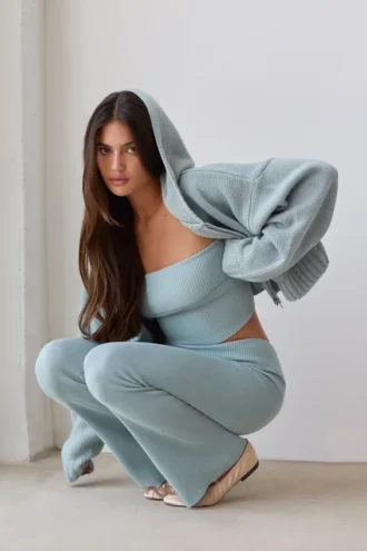 Chunky gebreide broek met omgeslagen pijpen en uitlopende pijpen in Dusty Teal