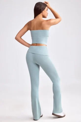 Chunky gebreide broek met omgeslagen pijpen en uitlopende pijpen in Dusty Teal