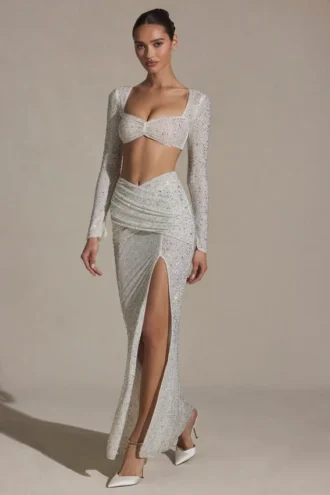 Claribel versierde maxi-rok met ruches in wit