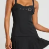Clover geborstelde twill mini-kiltjurk met lage taille in zwart