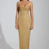 Constance versierde maxi-jurk met col en lage rug in goud