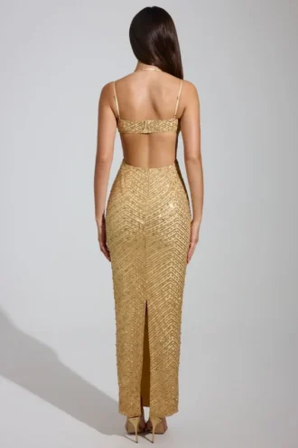 Constance versierde maxi-jurk met col en lage rug in goud