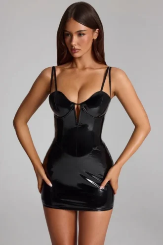 Coratina vinyl corset-minijurk in zwart