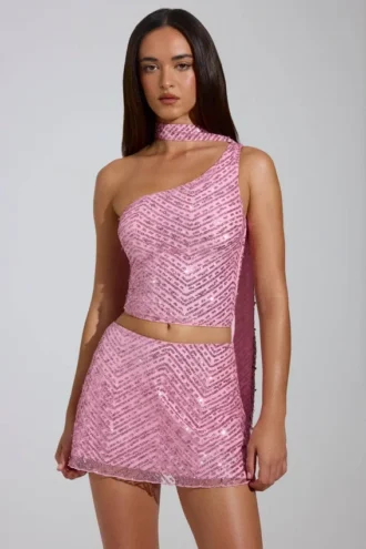 Cosette Top met asymmetrische sjaaldetails en versieringen in roze