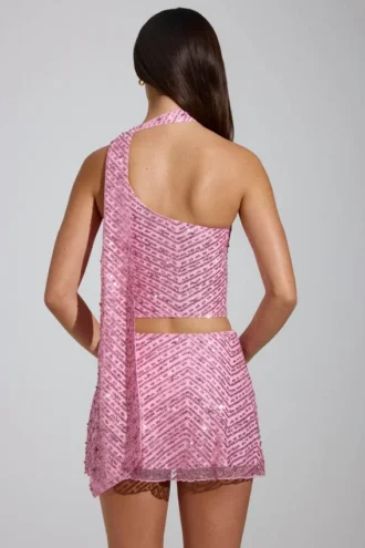 Cosette Top met asymmetrische sjaaldetails en versieringen in roze