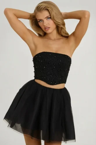 Cosima mini-rok met hoge taille van tule in zwart