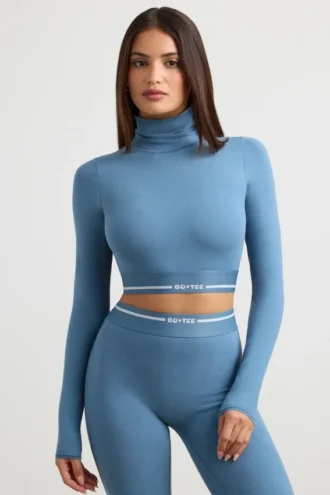 Crop top met lange mouwen en col zonder rug in staalblauw