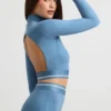 Crop top met lange mouwen en col zonder rug in staalblauw