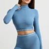 Crop top met lange mouwen en col zonder rug in staalblauw
