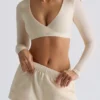 Crop top met V-hals van geborsteld jersey in ecru