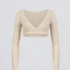 Crop top met V-hals van geborsteld jersey in ecru