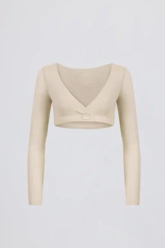 Crop top met V-hals van geborsteld jersey in ecru