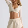 Crop top met V-hals van geborsteld jersey in ecru