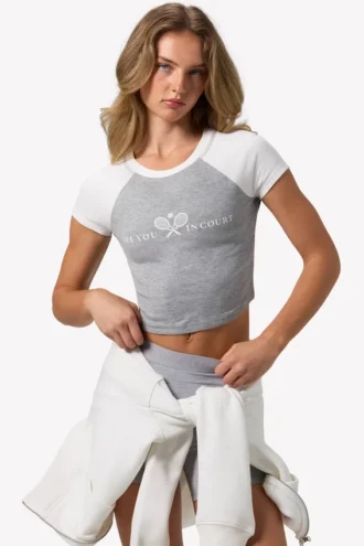 Cropped T-shirt met grafische print in grijs gemêleerd