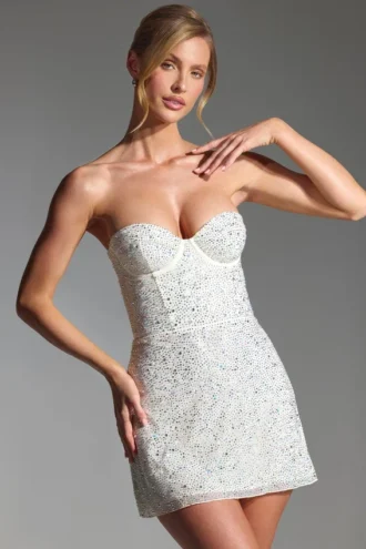 Crystella versierde strapless corset-minijurk in wit