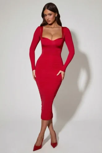 Deliana gelaagde midi-jurk met ruche-details en bh-details in rood