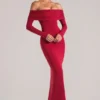 Depny off-shoulder maxi-jurk met lange mouwen in kersenrood