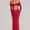 Depny off-shoulder maxi-jurk met lange mouwen in kersenrood