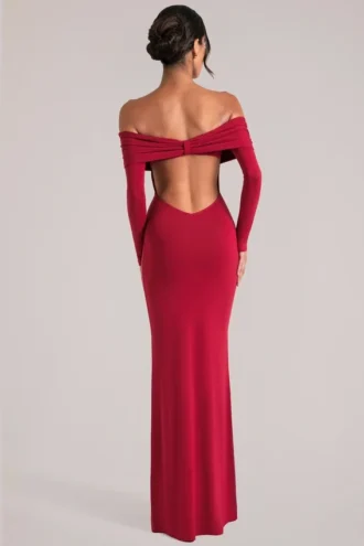 Depny off-shoulder maxi-jurk met lange mouwen in kersenrood