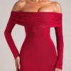 Depny off-shoulder maxi-jurk met lange mouwen in kersenrood